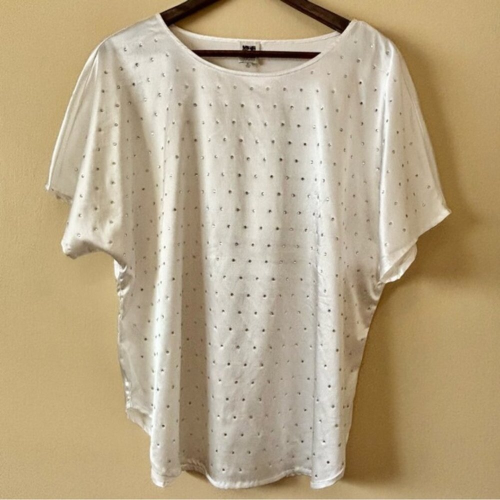 Anne Klein| Cream Satin Rhinestone Studded Boxy Short Sleeve Flowy Blouse Sz XL